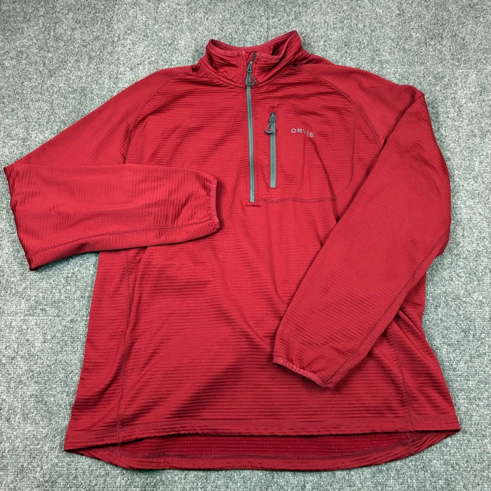 Orvis Mens Size XL Red Textured Grid Quarter Zip Pullover Active Layering Top